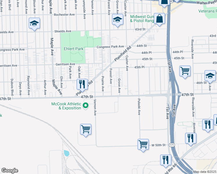 map of restaurants, bars, coffee shops, grocery stores, and more near 4620 Forest Avenue in Brookfield