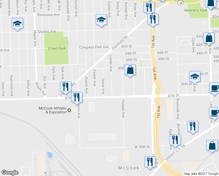 map of restaurants, bars, coffee shops, grocery stores, and more near 4660 Custer Avenue in Brookfield