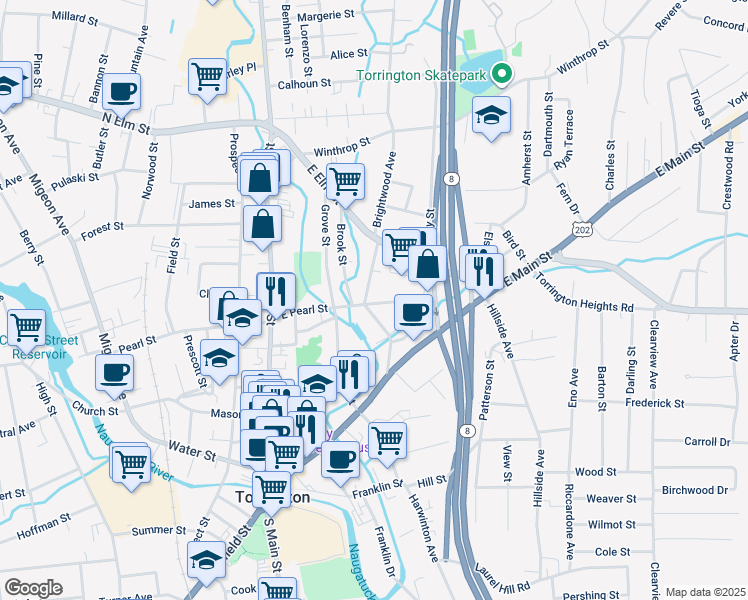 map of restaurants, bars, coffee shops, grocery stores, and more near 163 East Pearl Street in Torrington