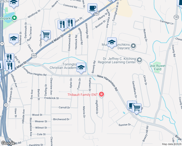 map of restaurants, bars, coffee shops, grocery stores, and more near 445 New Harwinton Road in Torrington