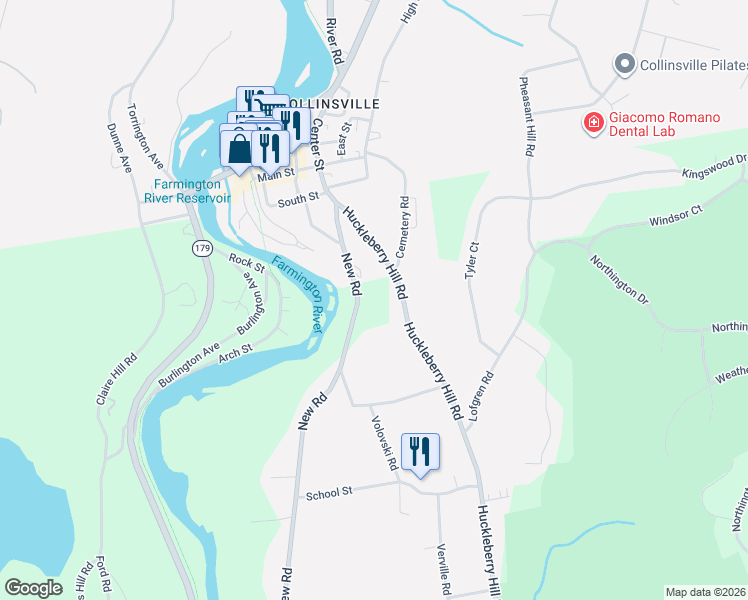 map of restaurants, bars, coffee shops, grocery stores, and more near 6 New Road in Avon