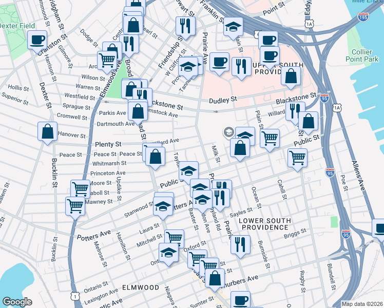 map of restaurants, bars, coffee shops, grocery stores, and more near 10 Mount Vernon Street in Providence