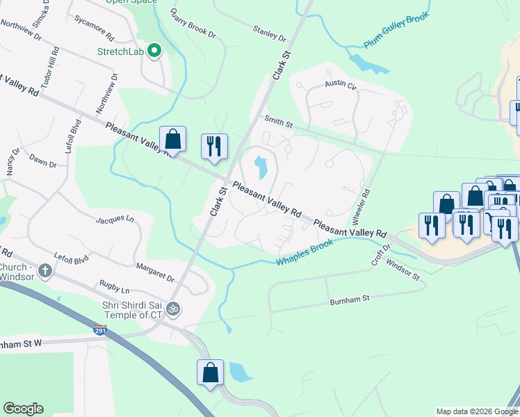 map of restaurants, bars, coffee shops, grocery stores, and more near 86 Frank's Way in South Windsor