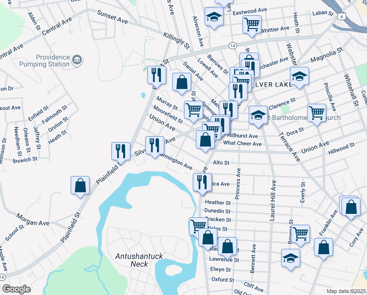 map of restaurants, bars, coffee shops, grocery stores, and more near 108 Prudence Avenue in Providence