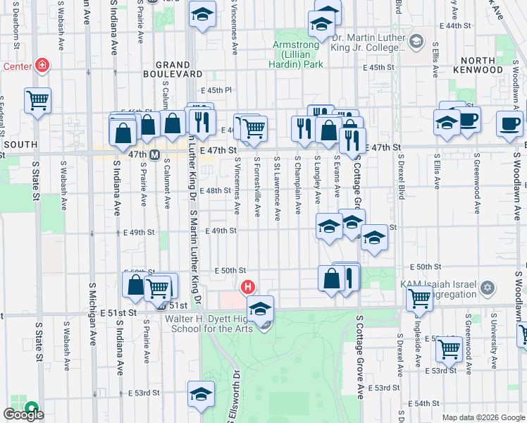 map of restaurants, bars, coffee shops, grocery stores, and more near 4838 South Saint Lawrence Avenue in Chicago