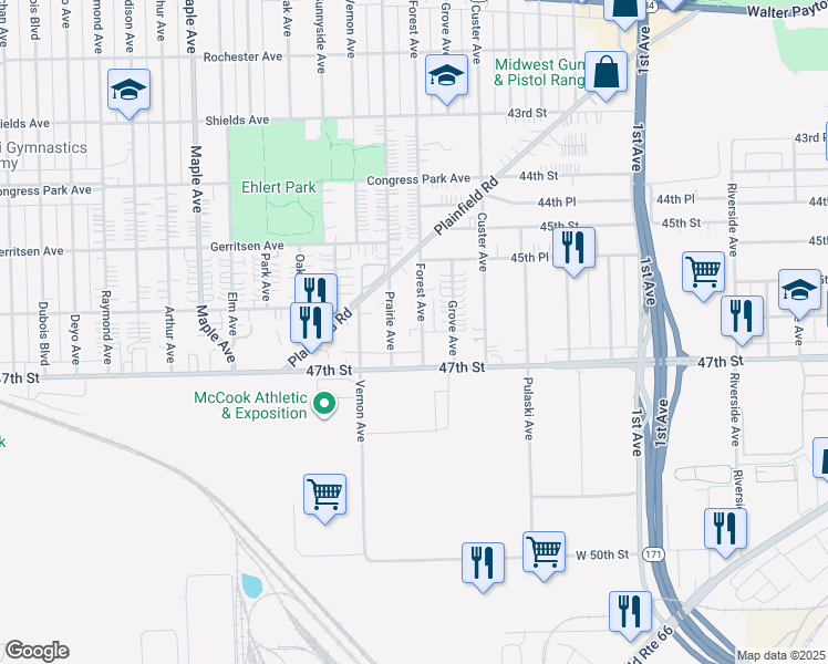 map of restaurants, bars, coffee shops, grocery stores, and more near 4620 Forest Avenue in Brookfield