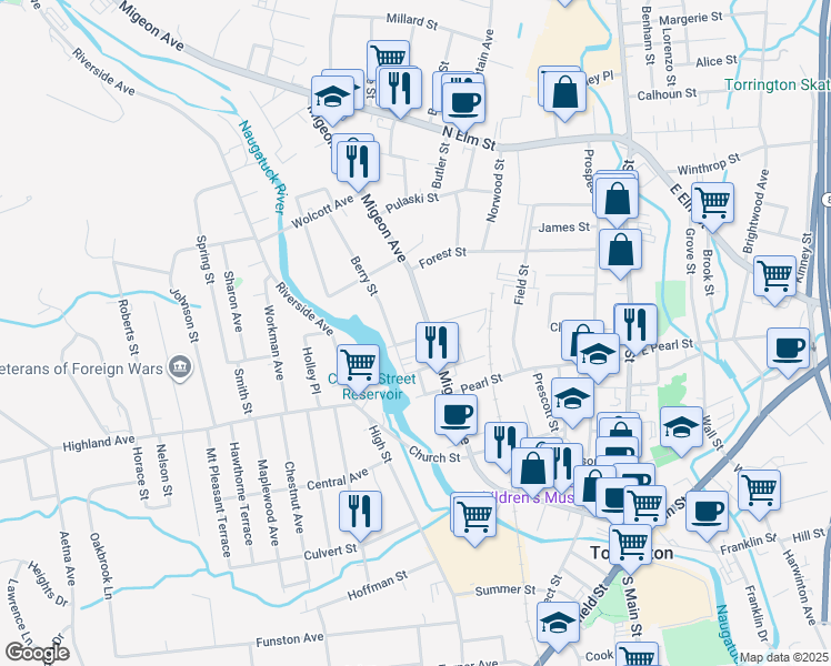 map of restaurants, bars, coffee shops, grocery stores, and more near 16 Norfolk Street in Torrington