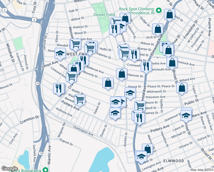map of restaurants, bars, coffee shops, grocery stores, and more near 39 Althea Street in Providence