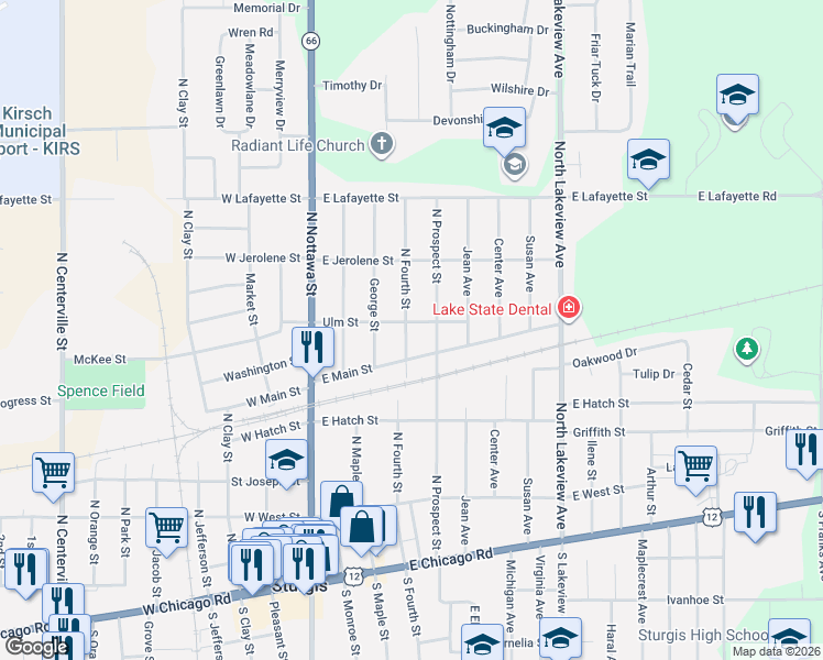 map of restaurants, bars, coffee shops, grocery stores, and more near 411 North Fourth Street in Sturgis