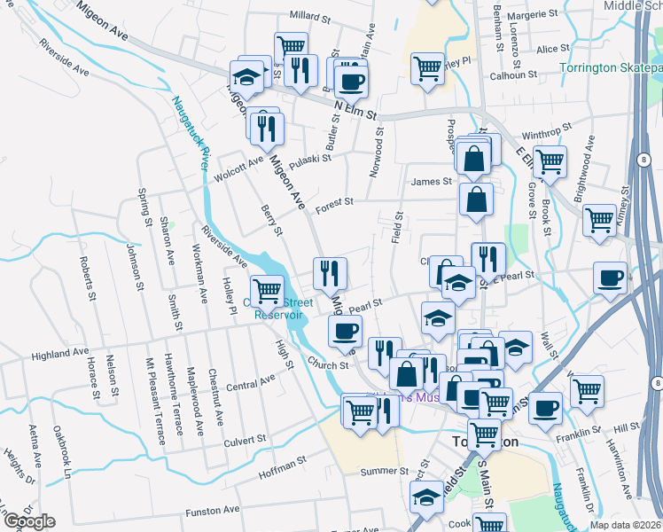 map of restaurants, bars, coffee shops, grocery stores, and more near 176 Migeon Avenue in Torrington
