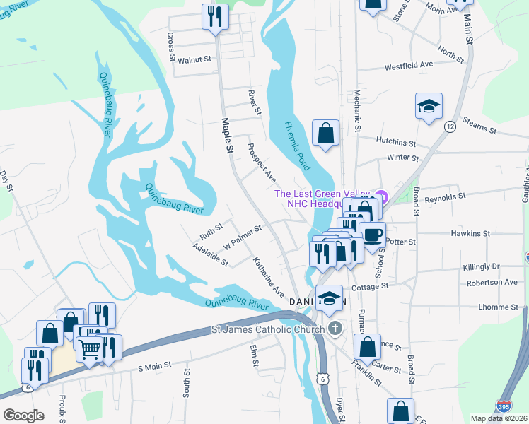 map of restaurants, bars, coffee shops, grocery stores, and more near 130 Maple Street in Killingly