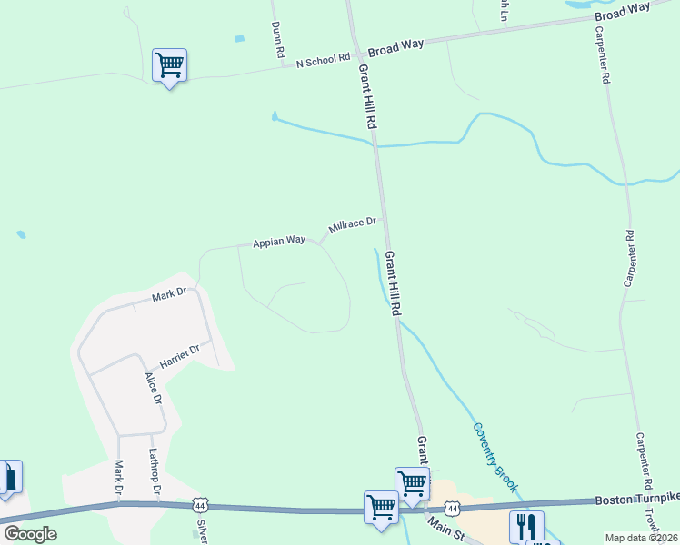 map of restaurants, bars, coffee shops, grocery stores, and more near 10 Wolf Hill Road in Coventry