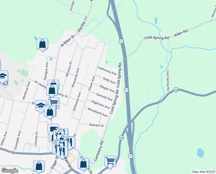 map of restaurants, bars, coffee shops, grocery stores, and more near 28 Mager Avenue in Liberty