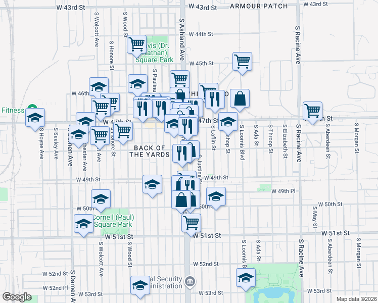 map of restaurants, bars, coffee shops, grocery stores, and more near 4801 South Ashland Avenue in Chicago