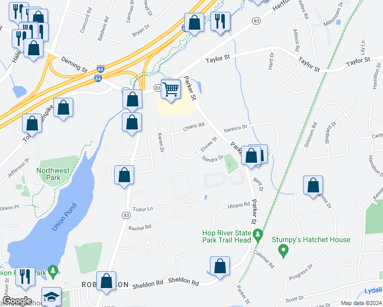 map of restaurants, bars, coffee shops, grocery stores, and more near 65 Elvree Street in Manchester