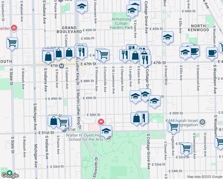 map of restaurants, bars, coffee shops, grocery stores, and more near 4838 South Saint Lawrence Avenue in Chicago