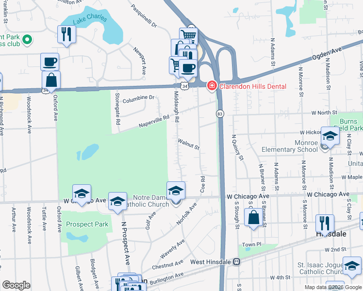 map of restaurants, bars, coffee shops, grocery stores, and more near 103 Walnut Street in Clarendon Hills