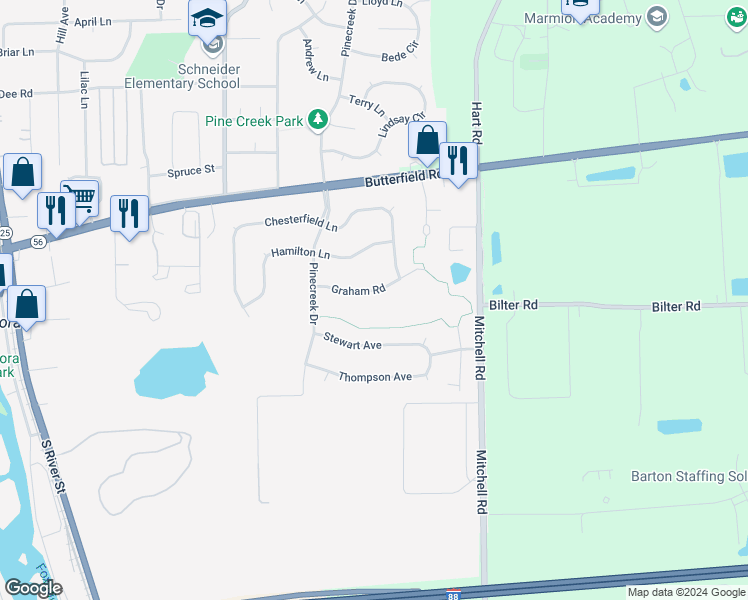 map of restaurants, bars, coffee shops, grocery stores, and more near 686 Graham Road in North Aurora