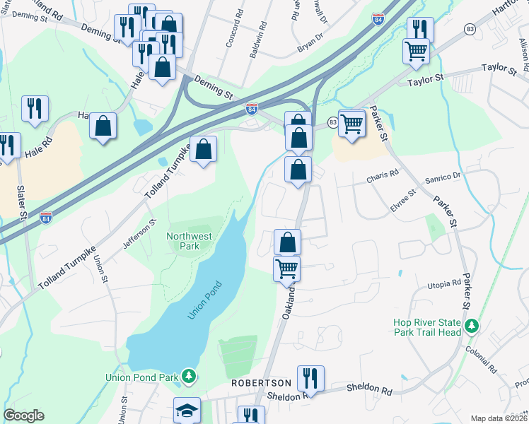 map of restaurants, bars, coffee shops, grocery stores, and more near 30 Marjorie Lane in Manchester