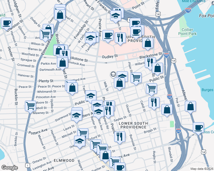 map of restaurants, bars, coffee shops, grocery stores, and more near 88 Bogman Street in Providence