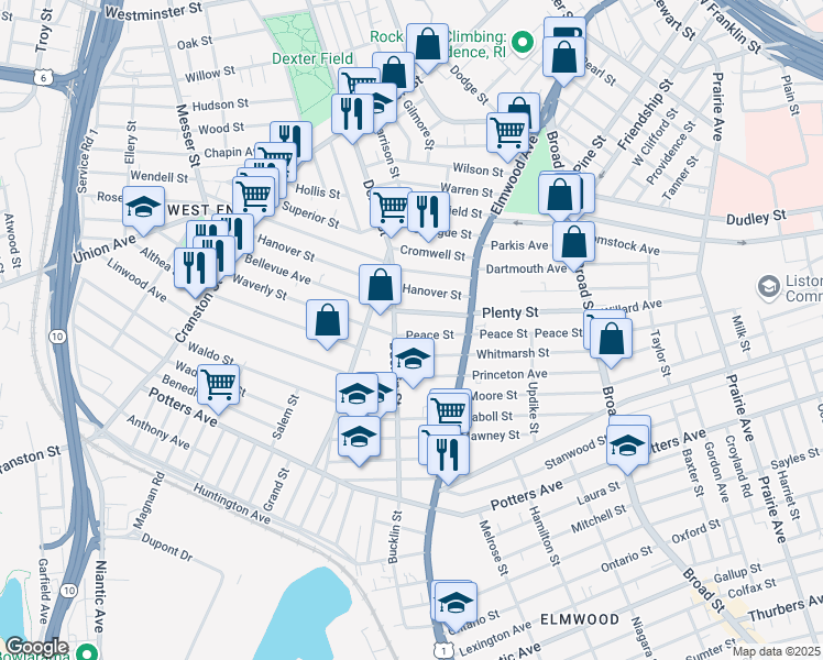 map of restaurants, bars, coffee shops, grocery stores, and more near 180 Peace Street in Providence