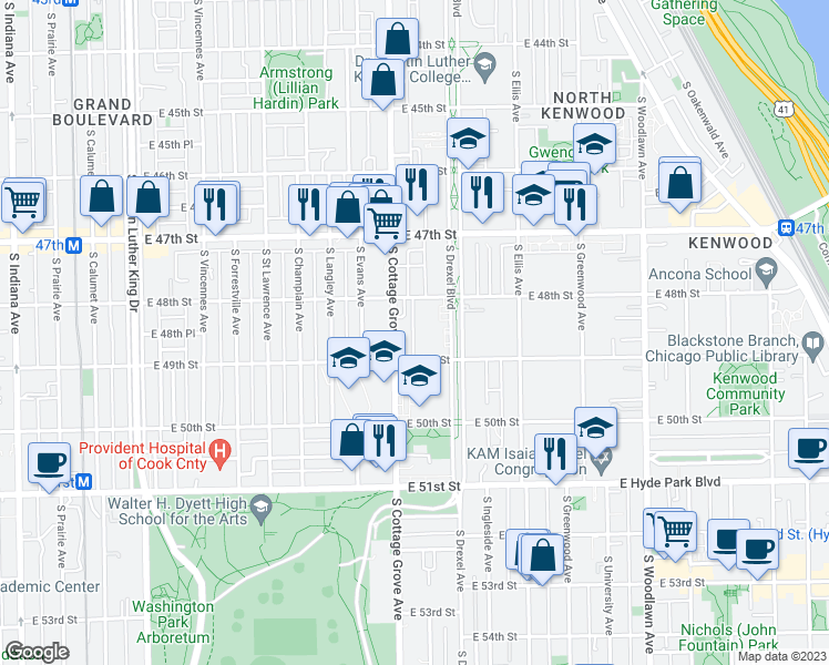map of restaurants, bars, coffee shops, grocery stores, and more near 4829 South Cottage Grove Avenue in Chicago