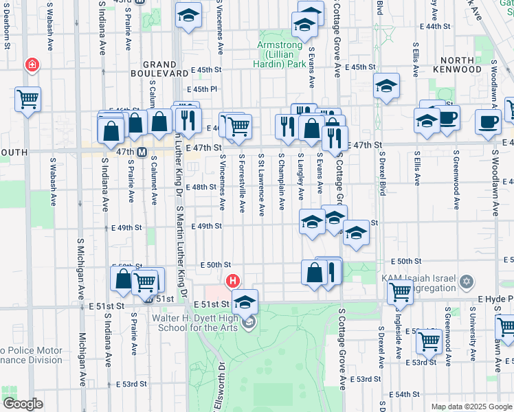 map of restaurants, bars, coffee shops, grocery stores, and more near 4838 South Saint Lawrence Avenue in Chicago