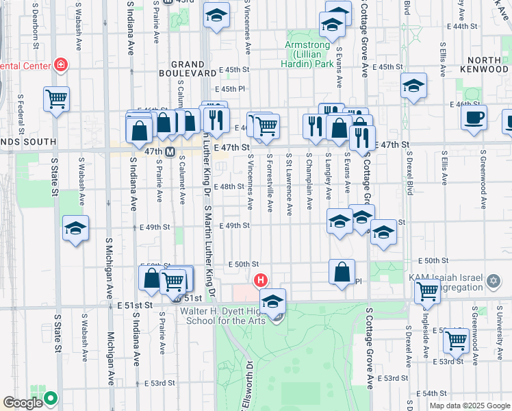 map of restaurants, bars, coffee shops, grocery stores, and more near 4839 South Vincennes Avenue in Chicago