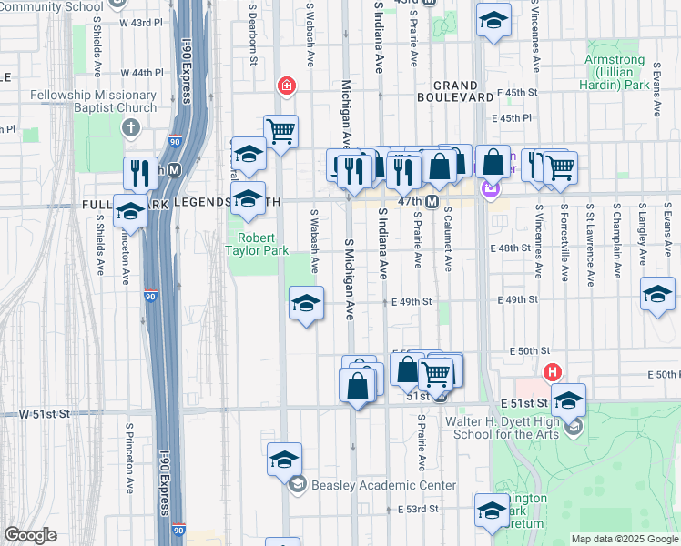 map of restaurants, bars, coffee shops, grocery stores, and more near 4835 South Michigan Avenue in Chicago