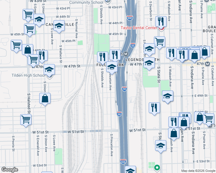 map of restaurants, bars, coffee shops, grocery stores, and more near 4823 South Princeton Avenue in Chicago