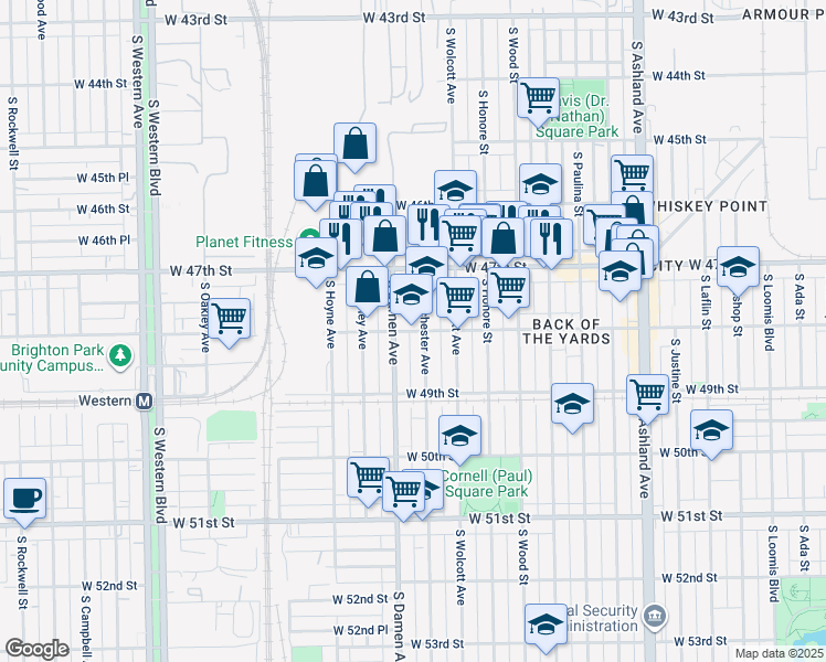 map of restaurants, bars, coffee shops, grocery stores, and more near 4800 South Winchester Avenue in Chicago