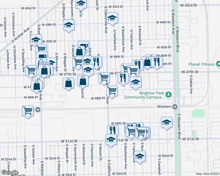 map of restaurants, bars, coffee shops, grocery stores, and more near 4750 South California Avenue in Chicago