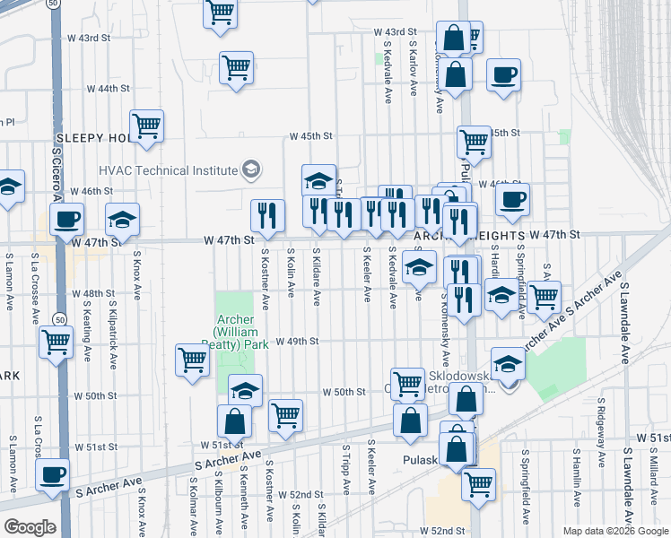 map of restaurants, bars, coffee shops, grocery stores, and more near 4743 South Kildare Avenue in Chicago