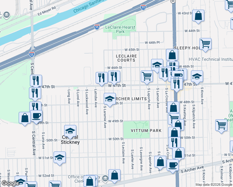 map of restaurants, bars, coffee shops, grocery stores, and more near 4733 South Leamington Avenue in Chicago