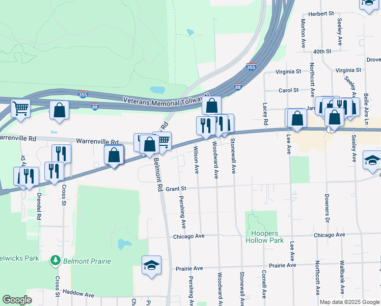 map of restaurants, bars, coffee shops, grocery stores, and more near 4403 Wilson Avenue in Downers Grove