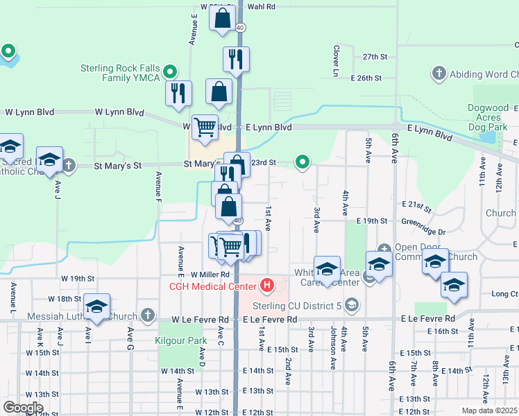 map of restaurants, bars, coffee shops, grocery stores, and more near 1845 1st Avenue in Sterling