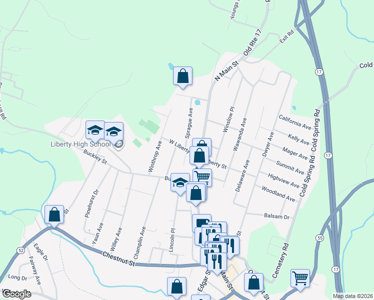 map of restaurants, bars, coffee shops, grocery stores, and more near 5 W Liberty St in Liberty