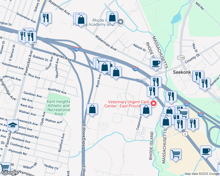 map of restaurants, bars, coffee shops, grocery stores, and more near 175 Hatton Street in East Providence