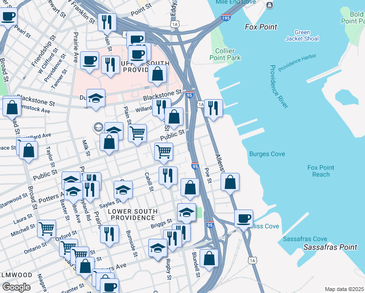 map of restaurants, bars, coffee shops, grocery stores, and more near 169 Bay in Providence