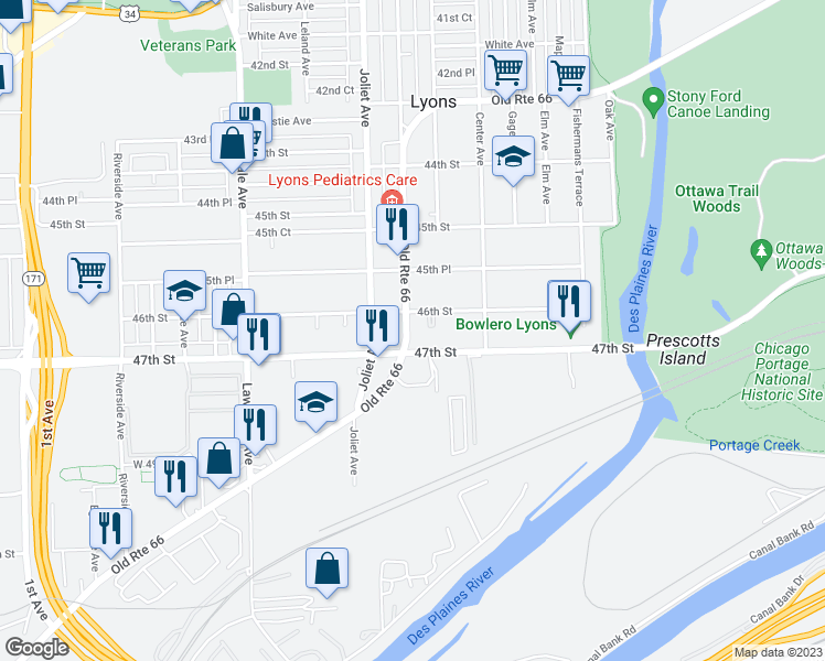 map of restaurants, bars, coffee shops, grocery stores, and more near 4645 Prescott Avenue in Lyons