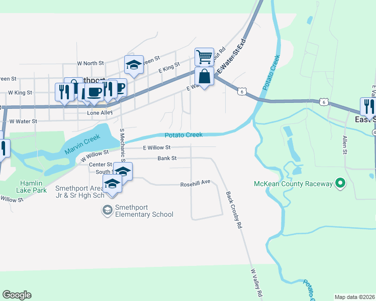 map of restaurants, bars, coffee shops, grocery stores, and more near 38-98 Bank Street in Smethport