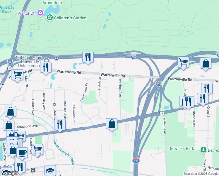 map of restaurants, bars, coffee shops, grocery stores, and more near 4439 Cascara Lane in Lisle