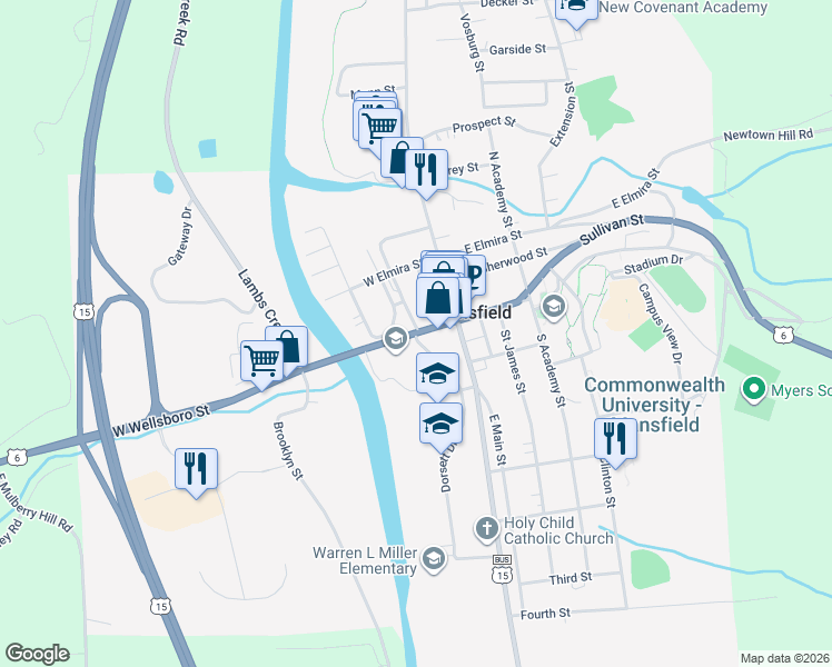 map of restaurants, bars, coffee shops, grocery stores, and more near 63 West Wellsboro Street in Mansfield
