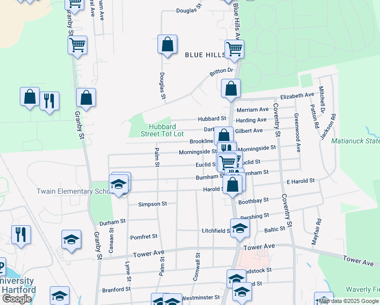map of restaurants, bars, coffee shops, grocery stores, and more near 69 Morningside St W in Hartford