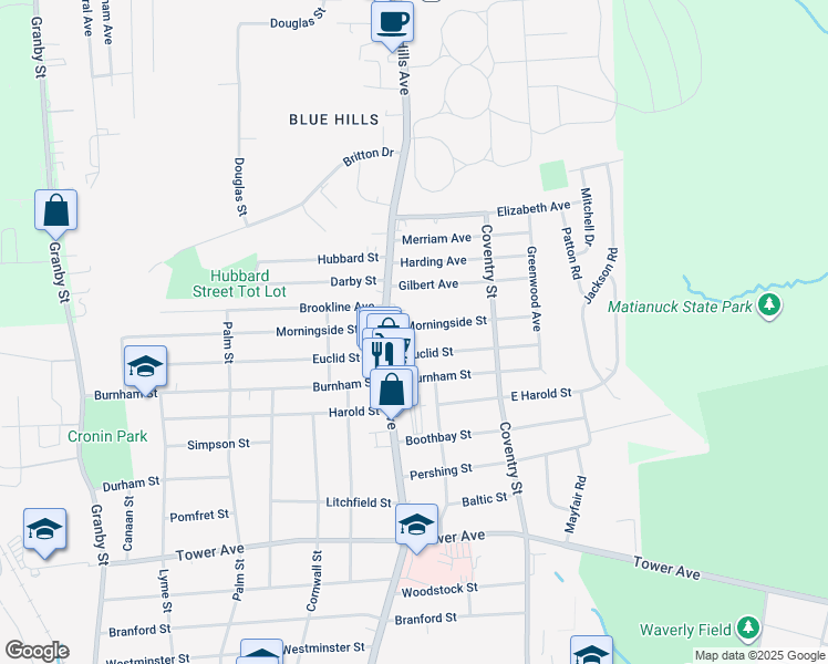 map of restaurants, bars, coffee shops, grocery stores, and more near 23 East Morningside Street in Hartford