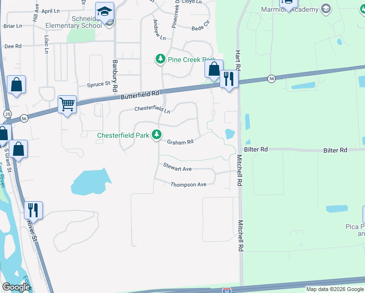 map of restaurants, bars, coffee shops, grocery stores, and more near 670 Graham Road in North Aurora