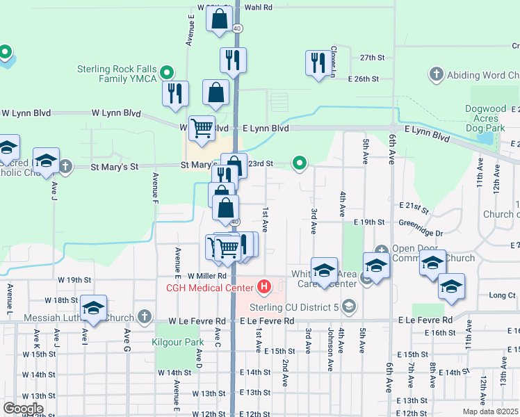 map of restaurants, bars, coffee shops, grocery stores, and more near 1845 1st Avenue in Sterling
