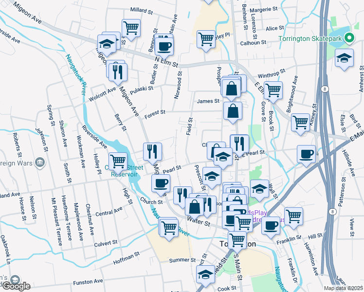 map of restaurants, bars, coffee shops, grocery stores, and more near 59 Field Street in Torrington