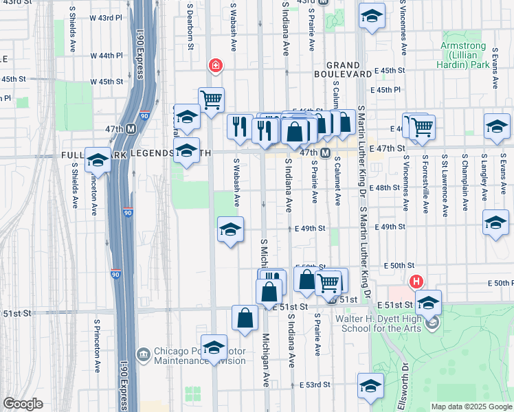map of restaurants, bars, coffee shops, grocery stores, and more near 4835 South Michigan Avenue in Chicago