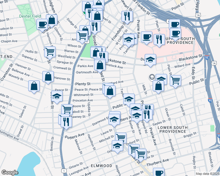 map of restaurants, bars, coffee shops, grocery stores, and more near 145 Chester Avenue in Providence